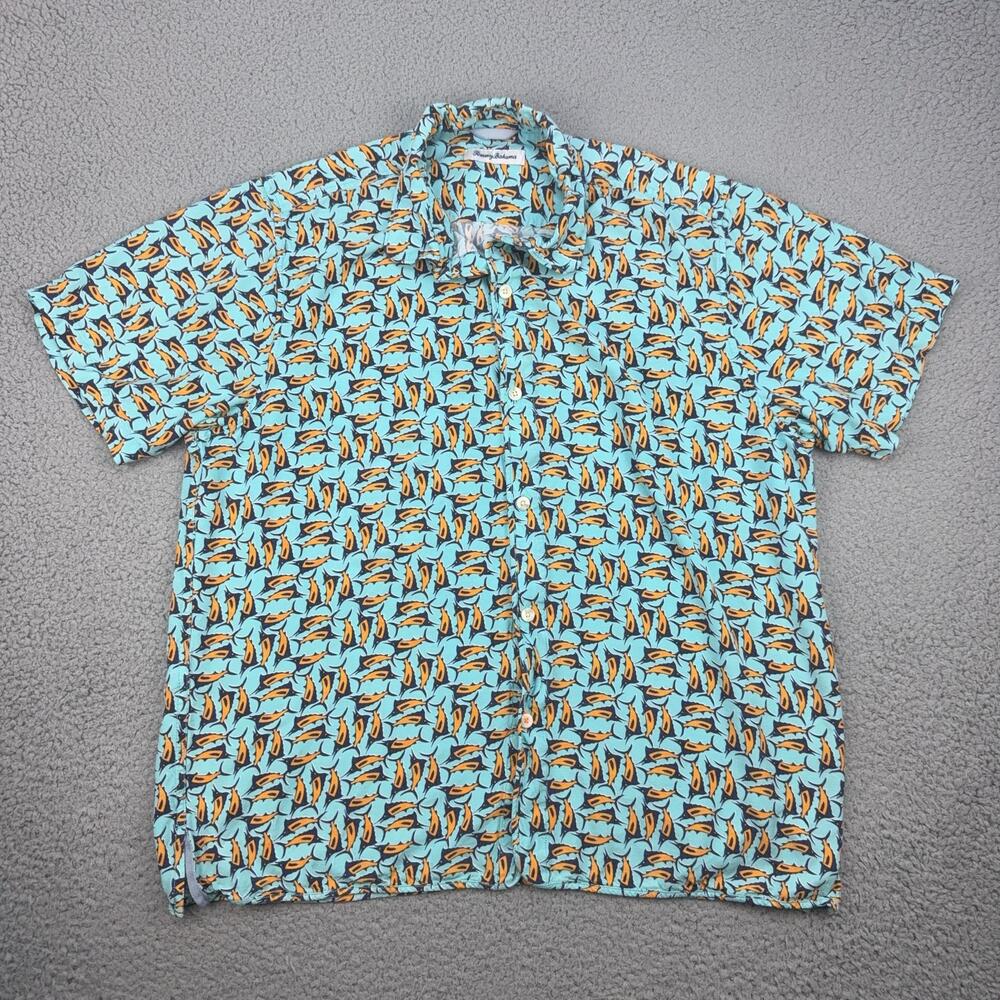 Tommy Bahama Shirt Mens XL Blue Marlin Fish Hawaiian Button Up Rayon Aloha